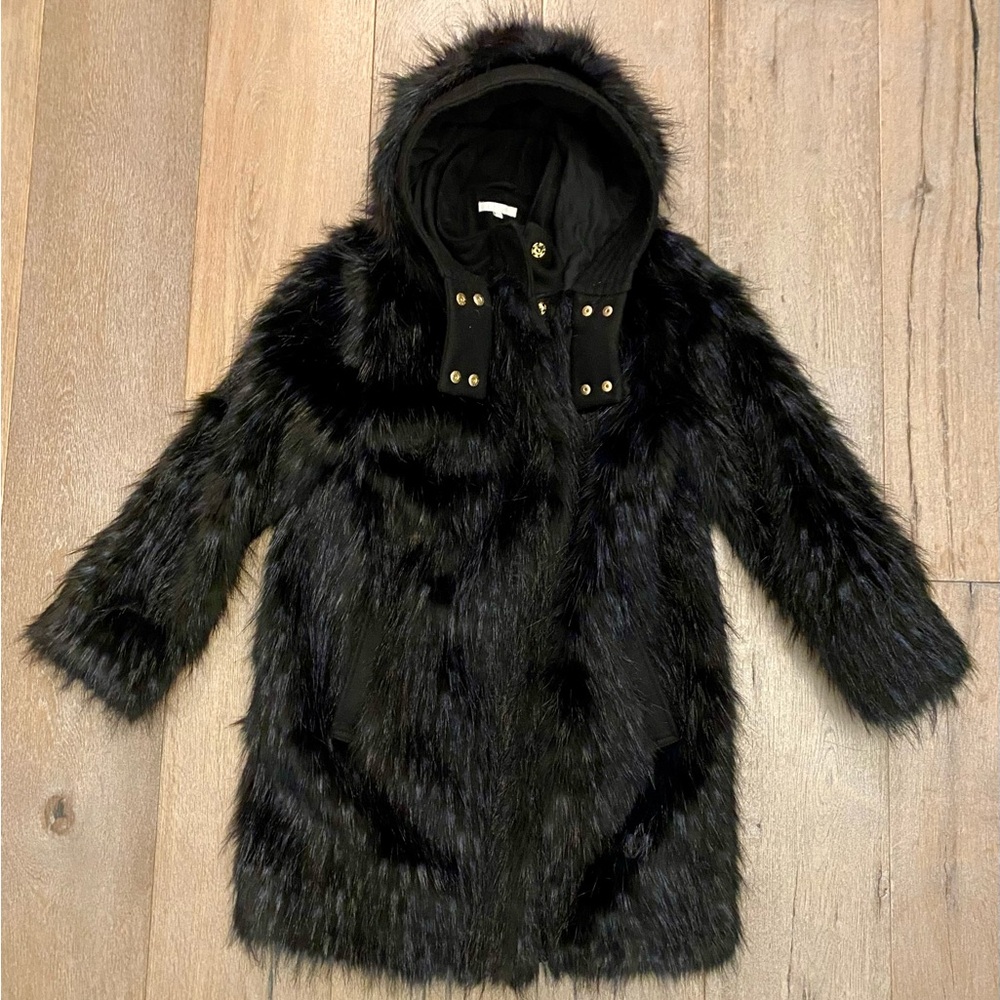 Chloe Girls Sz12 Black and Blue Faux Fur Coat with Hood NWOT